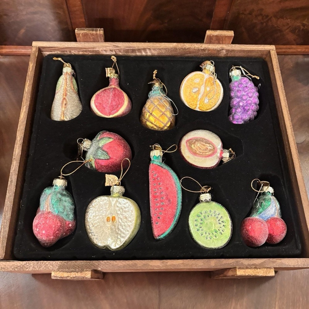 Thomas Pacconi Classics 2002 Glass Fruit Christmas Ornaments Set 11 Wood Box